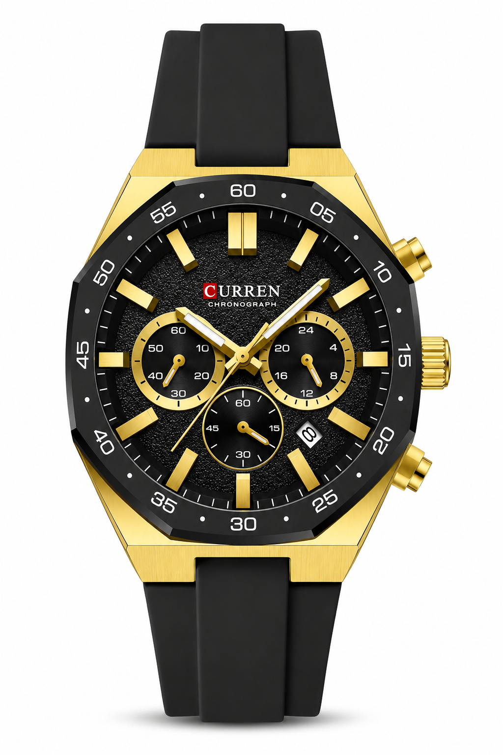 Curren 8489 Cronógrafo Hombre Negro y Dorado | Reloj Deportivo Elegante con Correa de Silicona