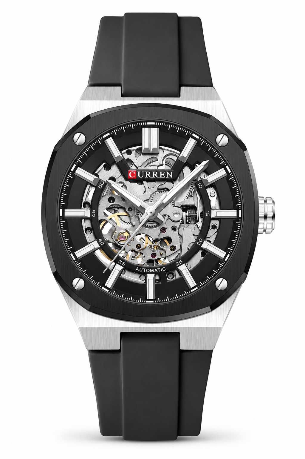 Curren 8485 Automático Skeleton para Hombre | Reloj Mecánico Premium con Correa de Silicona Negra