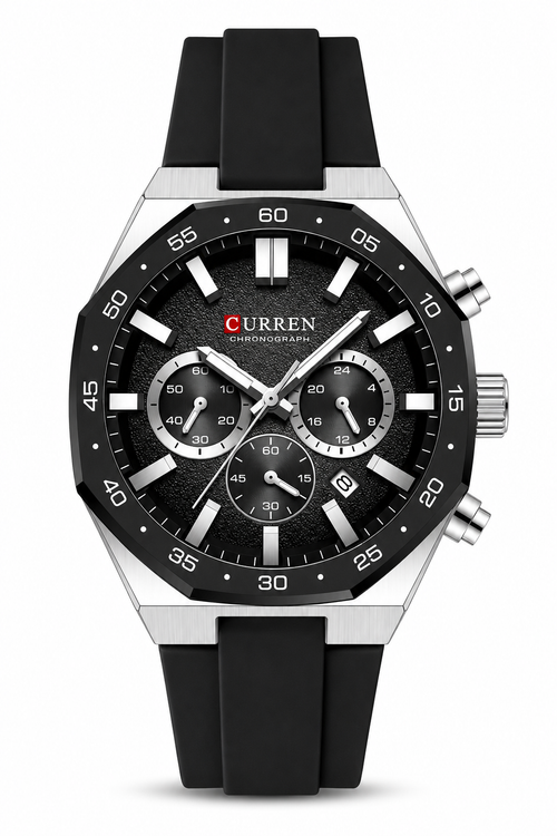 Curren 8489 Cronógrafo Hombre Negro y Dorado | Reloj Deportivo Elegante con Correa de Silicona