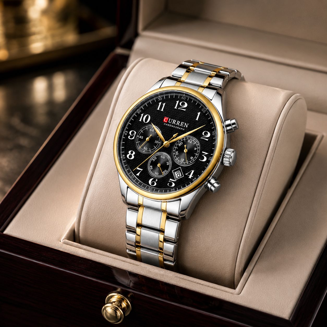Curren 8466 Cronógrafo Hombre Acero Inoxidable Bicolor | Reloj Elegante con Calendario