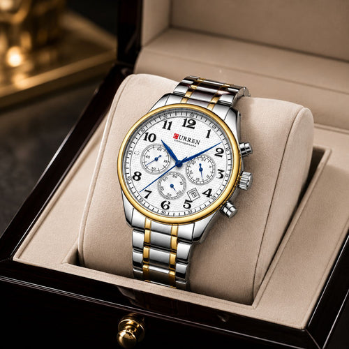 Curren 8466 Cronógrafo Hombre Acero Inoxidable Bicolor | Reloj Elegante con Calendario